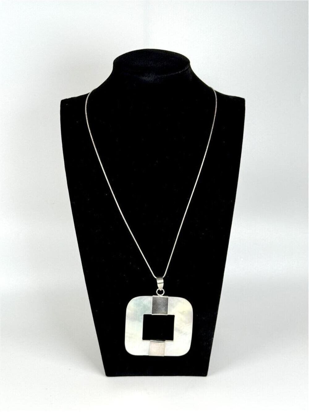 Mexico Sterling Silver Mother of Pearl Geometric Square Pendant Long Necklace